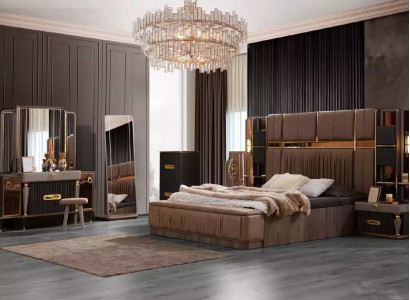 Bedroom furniture complete e double bed fabric beige 7-piece bed modern